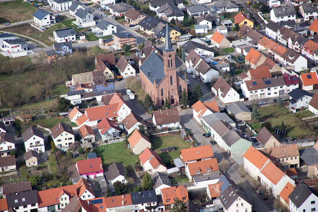 Luftbild: Kirche im Ortsteil Rußheim in Dettenheim im Bundesland Baden-Württemberg in Deutschland. Foto: IMG_086216.jpg vom 26.02.2016 durch Werner Riehm/FLY-FOTO.de
