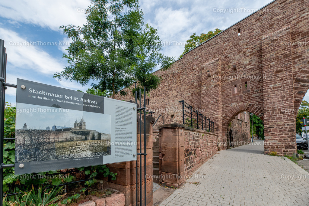 Worms-2025DSC_8681 | Die Stadtmauer bei St. Andreas in Worms gehört zu den ältesten mittelalterlichen Stadtbefestigungen Deutschlands. Gut erhaltene Sandsteinmauern und ein markantes Tor prägen dieses historische Wahrzeichen in der Wormser Altstadt.