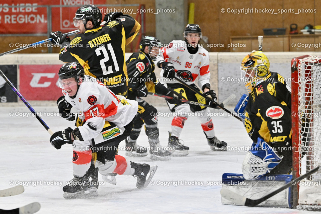 EC MET PHOTOVOLTAIK HORNETS SPITTAL vs. EV ZELTWEG MURTAL LIONS | #35 Egger Luca EC Hornets Spittal, #21 Steiner Kevin EC Hornets Spittal, #17 Logar Miha EV ZELTWEG MURTAL LIONS, #90 Bärnthaler Valentin EV ZELTWEG MURTAL LIONS, #11 Kucher Florian EC Hornets Spittal, EC MET PHOTOVOLTAIK HORNETS SPITTAL vs. EV ZELTWEG MURTAL LIONS, EC MET PHOTOVOLTAIK HORNETS SPITTAL vs. EV ZELTWEG MURTAL LIONS am 08.02.2026 in Spittal an der Drau (Eissportzentrum Spittal), Austria, (Photo by Bernd Stefan)