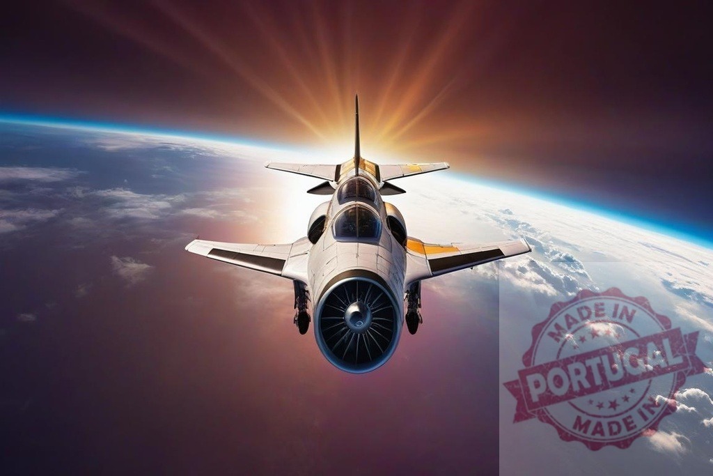 Futuristic jet flying into Earth orbit during sunrise | Sci-fi jet airplane flying above Earth atmosphere at sunrise - Realisiert mit Pictrs.com