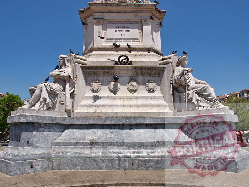 Column of Pedro IV monument, Rossio Square, Lisbon | Detail of the Pedro IV monument base with allegorical statues and pigeons in Rossio Square - Realized with Pictrs.com