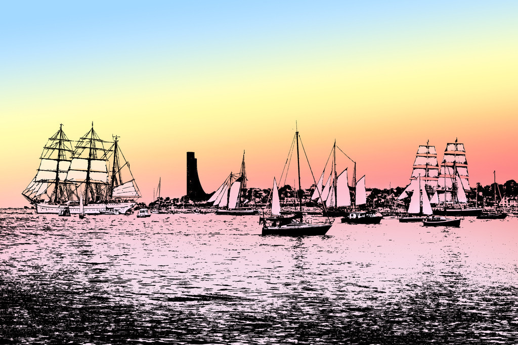 Photoart: Windjammerparade im Morgenrot | Dieses Wandbild im Querformat zeigt die eindrucksvolle Windjammerparade auf der Kieler Förde. Zahlreiche Segelboote und Traditionssegler gleiten über das Wasser und schaffen ein maritimes Spektakel voller Dynamik und Eleganz.Am Ostufer der Förde ist das Marine-Ehrenmal in Laboe gut zu erkennen – ein bedeutendes Wahrzeichen, das die maritime Geschichte der Region widerspiegelt. Die Farbgebung verleiht der Szene eine künstlerische Tiefe und verstärkt die Atmosphäre dieses besonderen Moments. Ein Kunstwerk, das die Schönheit der Segeltradition und die Faszination der offenen See eindrucksvoll einfängt. - Realisiert mit Pictrs.com