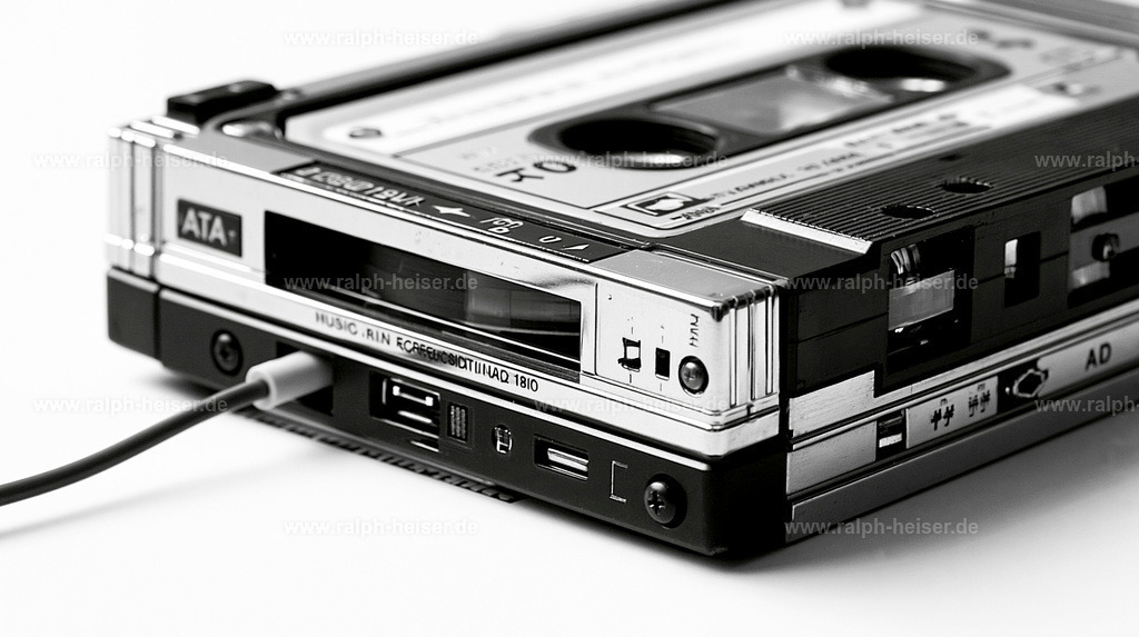 KI00091 | erstelle ein high key schwarz weiÃŸ bild von einem 80er jahre kassettendeck, aus dem eine musikkasette herausschaut --ar 16:9 --raw --hd --v 8.2 Job ID: 00fed805-083c-4766-886a-881d3961557a