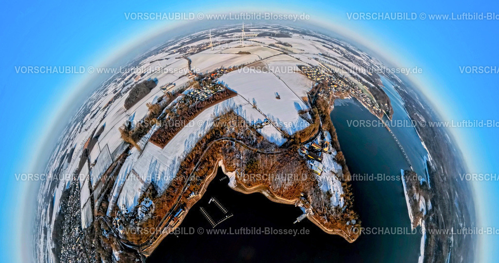 Moehnesee260106148-2-2 | Luftbild, Möhnesee Möhnetalsperre mit Staumauer, Winterlandschaft und Windräder, Erdkugel, Fisheye Aufnahme, Fischaugen Aufnahme, 360 Grad Aufnahme, tiny world, little planet, fisheye Bild, Delecke, Möhnesee, Sauerland, Nordrhein-Westfalen, Deutschland