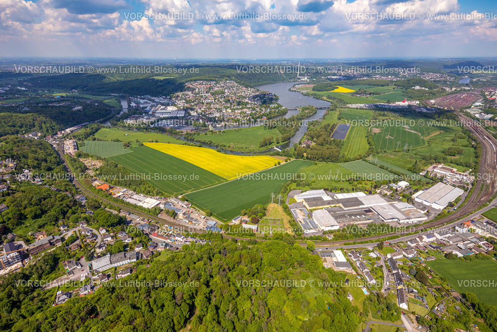 Wetter230502988 | Luftbild, Gewerbegebiet Volmarsteiner Straße, Rangierbahnhof Hagen-Vorhalle, Ortsansicht Wetter, Fluss Ruhr und Obergraben, Gemeinschaftswasserwerk Volmarstein, Harkortsee, Rapsfelder, Wetter, Ruhrgebiet, Nordrhein-Westfalen, Deutschland