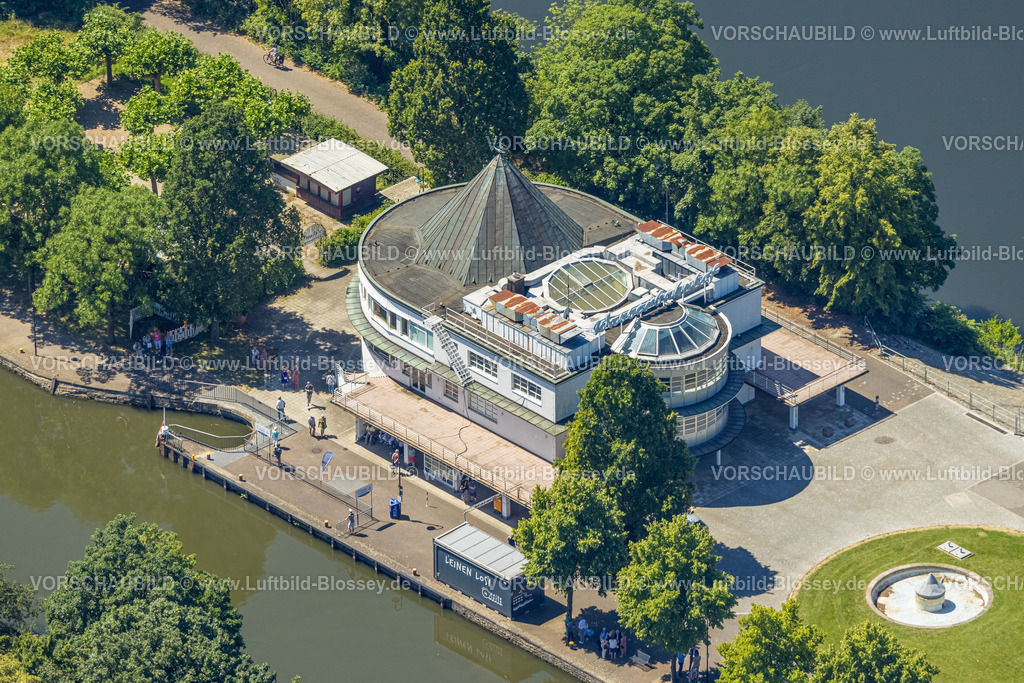 Muelheim230703825 | Luftbild, Restaurant Wasserbahnhof auf der Schleuseninsel, Anlegestelle Weisse Flotte, Altstadt I - Südwest, Mülheim an der Ruhr, Ruhrgebiet, Nordrhein-Westfalen, Deutschland