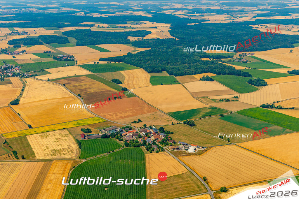 Aktuelles Luftbild von Bossendorf Schrozberg - Die Luftaufnahme wurde 2022 mittels UL-Flugzeug erstellt ( keine Drohne ) - hochauflösende Kamera-Systeme von  Canon -Beste Qualität - Für grossformatige Ausdrucke geeignet. Die Geschenkidee !
