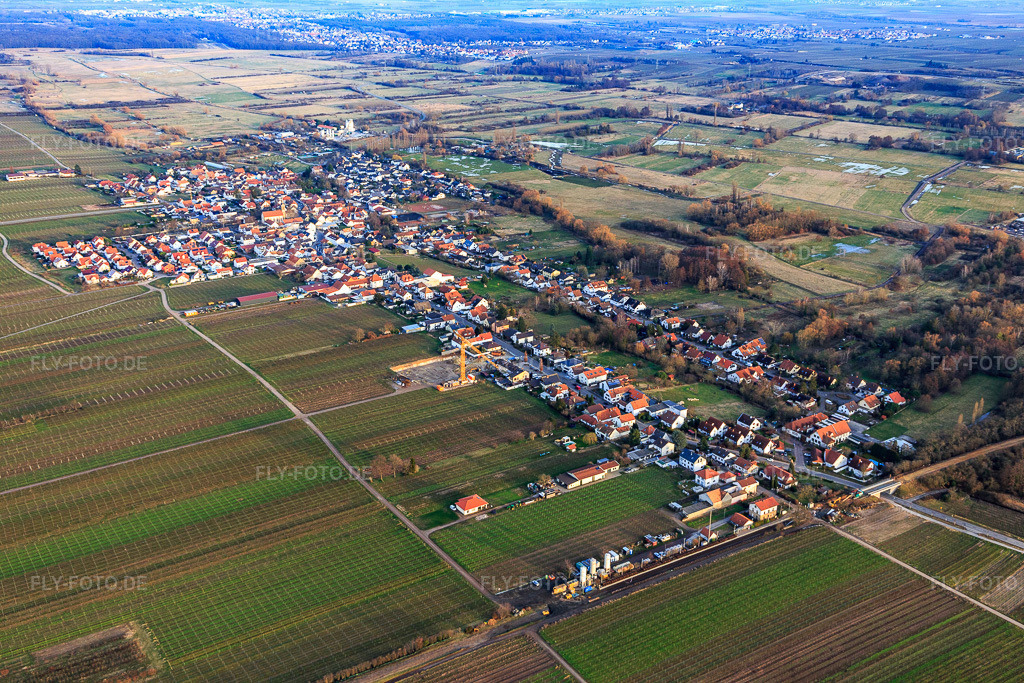 Luftbild: Ortsansicht von Westen in Erpolzheim im Bundesland Rheinland-Pfalz in Deutschland. Foto: IMG_130584.jpg vom 12.02.2022 durch Werner Riehm/FLY-FOTO.de