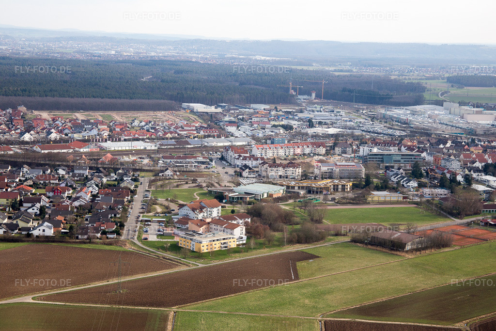 Luftbild: AWO Seniorenzentrum,. Pestalozzihalle im Ortsteil Graben in Graben-Neudorf im Bundesland Baden-Württemberg in Deutschland. Foto: IMG_086327.jpg vom 26.02.2016 durch Werner Riehm/FLY-FOTO.de