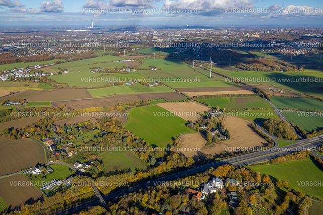 Witten231101267 | Luftbild, Wiesen und Felder Tiefendorf und mögliches Gewerbegebiet Vöckenberg an der Autobahn A448, mit WIndrädern und Fernsicht mit Himmel nach Dortmund, Annen, Witten, Ruhrgebiet, Nordrhein-Westfalen, Deutschland