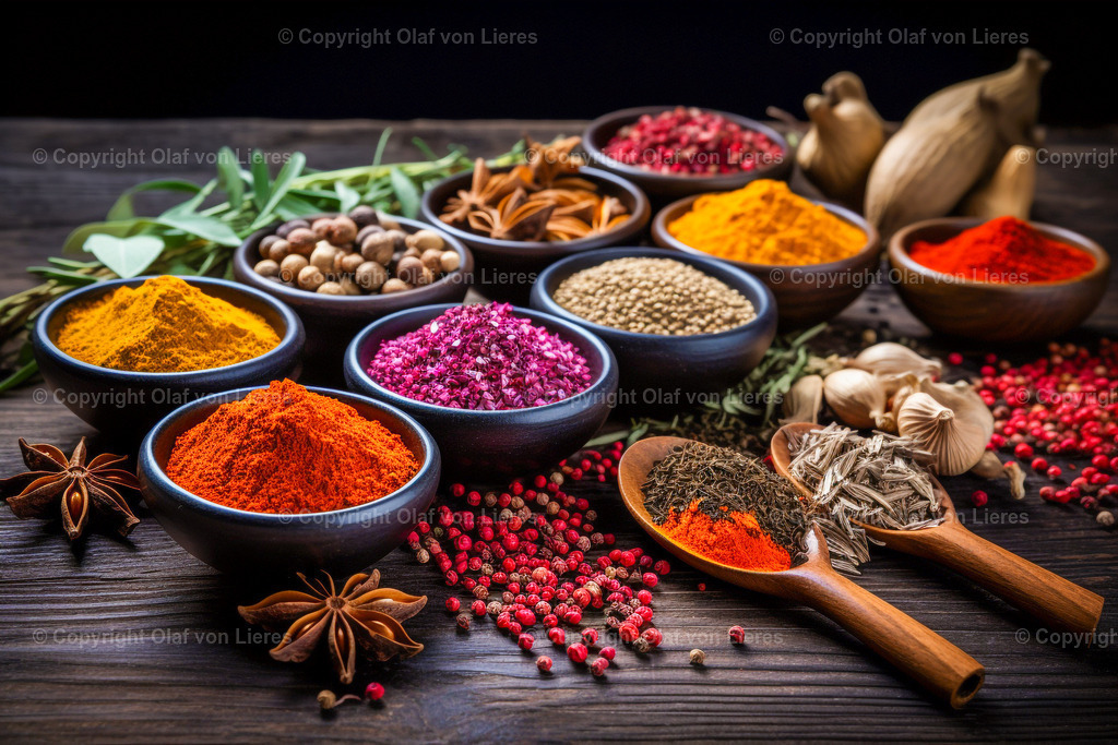 viele verschiedene Gewürze auf Holz | farbenfrohe Gewürze in der Küche
