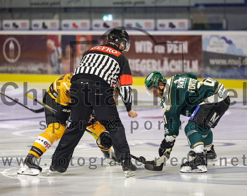 2025-08-22_108_TSV_Erding_gegen_EV_Fuessen | Erding, Deutschland, 22.08.2025:Eishockey, Oberliga Süd 2025 / 2026, Testspiel, TSV Erding gegen EV Füssen, Endergebnis: 1:4Julian Straub (EV Füssen, #19), Maximilian Forster (Erding Gladiators, #81)Foto: Christian Riedel / fotografie-riedel.net
