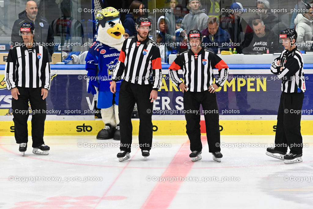 EC IDM Wärmepumpen VSV vs. HKSZ Olimpija 6.11.2022 | HRIBAR MATJAZ, GROZNIK BOSTJAN, TRILAR VIKTOR, BÄRNTHALER CHRISTOPH, Referees, Villi EC VSV Maskottchen