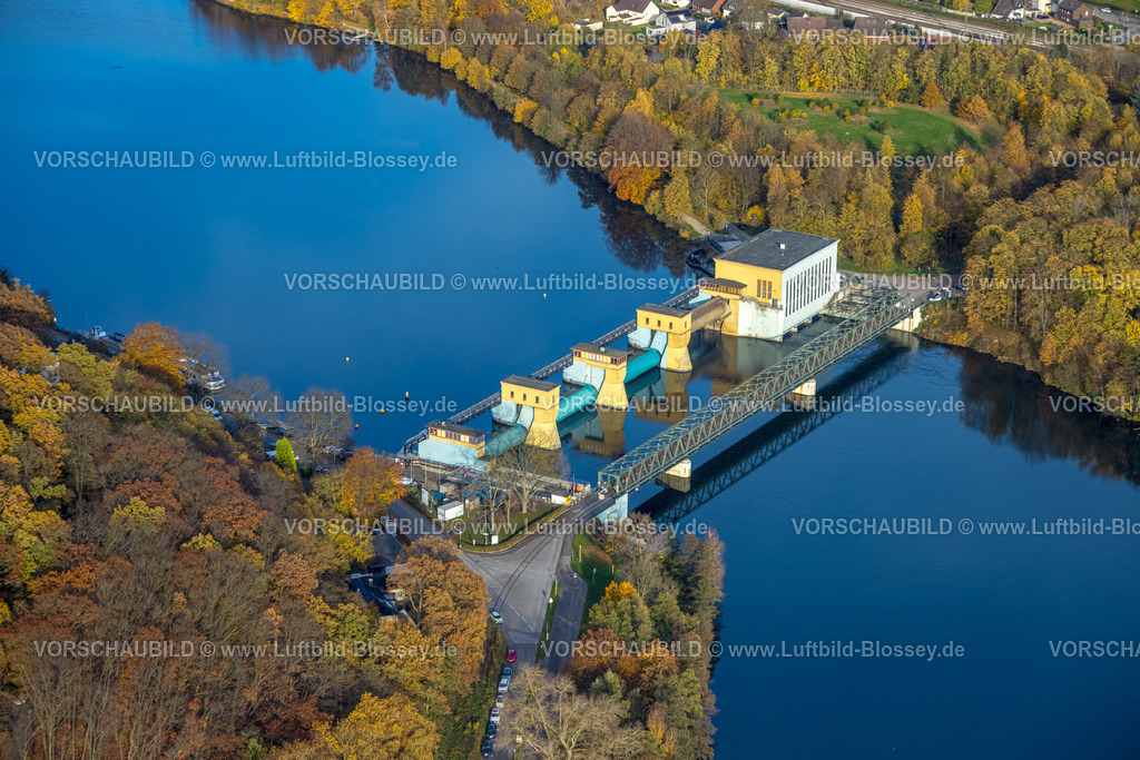 Hagen251102899 | Luftbild, Laufwasserkraftwerk Hengstey und Hengsteysee Brücke Ost, herbstliche Bäume, Boele, Hagen, Ruhrgebiet, Nordrhein-Westfalen, Deutschland