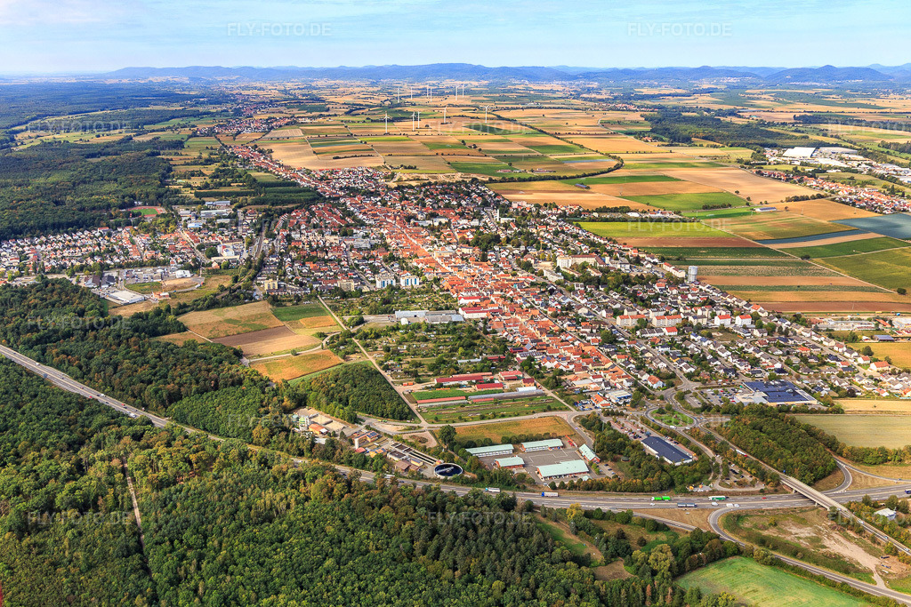 Luftbild: Stadtübersicht von Osten in Kandel im Bundesland Rheinland-Pfalz in Deutschland. Foto: IMG_122936.jpg vom 11.09.2020 durch Werner Riehm/FLY-FOTO.de