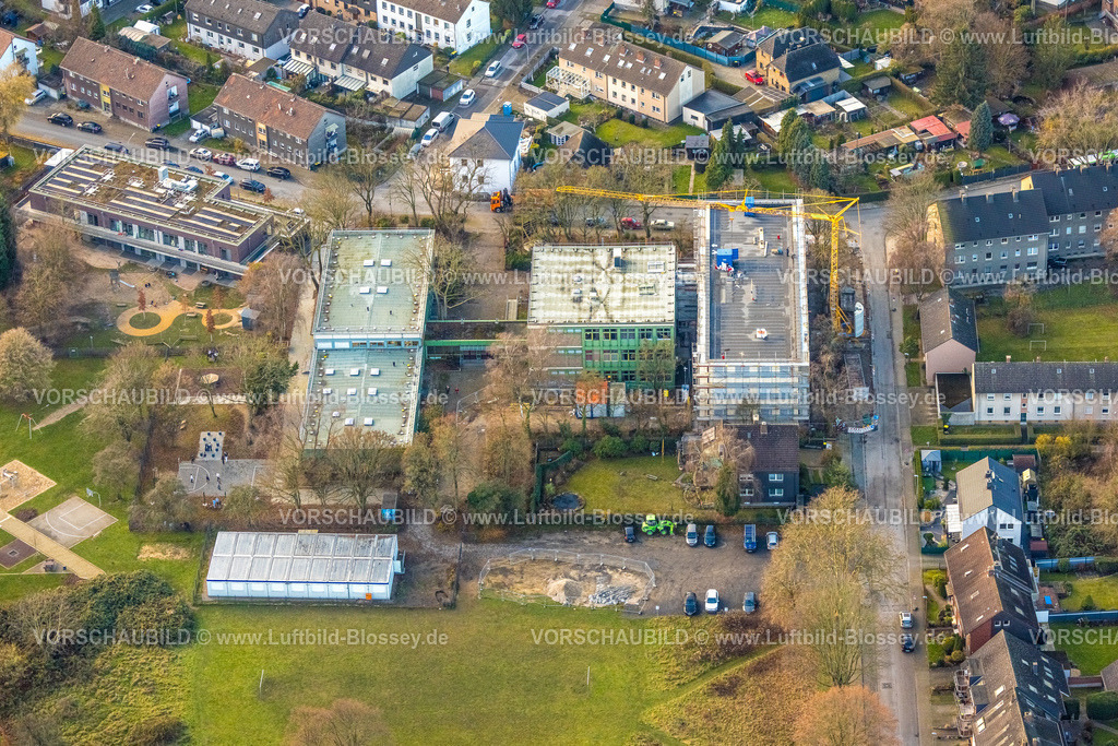 Herne251203627 | Luftbild, Erweiterungsbau Quinoa-Schule und städt. Kita Drögenkamp, Baustelle mit Neubau Holz-Hybridbauweise, Baukau-West, Herne, Ruhrgebiet, Nordrhein-Westfalen, Deutschland