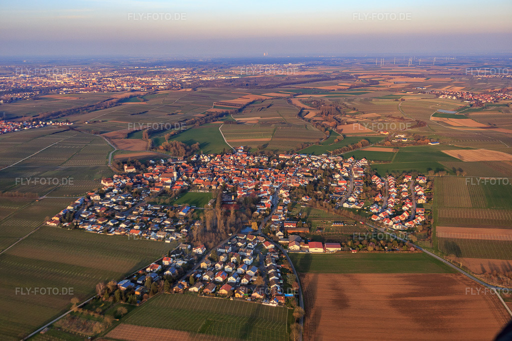 Luftbild: Dorfansicht von Westen im Ortsteil Mörzheim in Landau im Bundesland Rheinland-Pfalz in Deutschland. Foto: IMG_086834.jpg vom 26.03.2016 durch Werner Riehm/FLY-FOTO.de