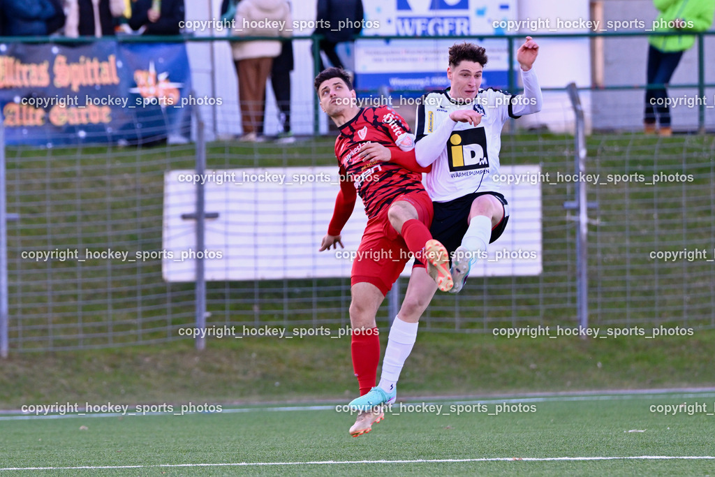 SV Spittal 1921 vs. ATUS Ferlach 24.3.2024 | #90 Lukas Jaklitsch ATUS Ferlach, #9 Samuel Müllmann SV Spittal, SV Spittal 1921 vs. ATUS Ferlach 24.3.2024, SV Spittal 1921 vs. ATUS Ferlach am 24.03.2024 in Spittal an der Drau (Goldeck Stadion), Austria, (Photo by Bernd Stefan)