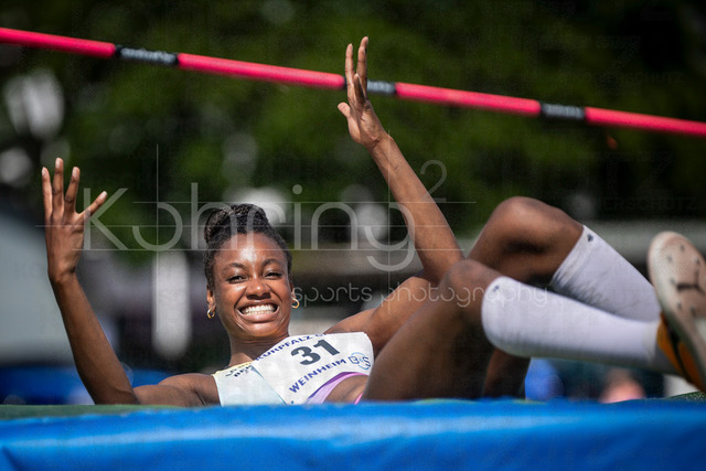 B&amp;S Kurpfalz Gala; Weinheim, 23.05.2026 | WEINHEIM, GERMANY - MAY 24: Highjumper Blessing Enatoh (GER/LG Nord Berlin) emotional laughing during the B&amp;S Kurpfalz Gala am 23.05.2026 at the  Sepp-Herberger-Stadium in Weinheim (Baden-Wuerttemberg / Germany).
