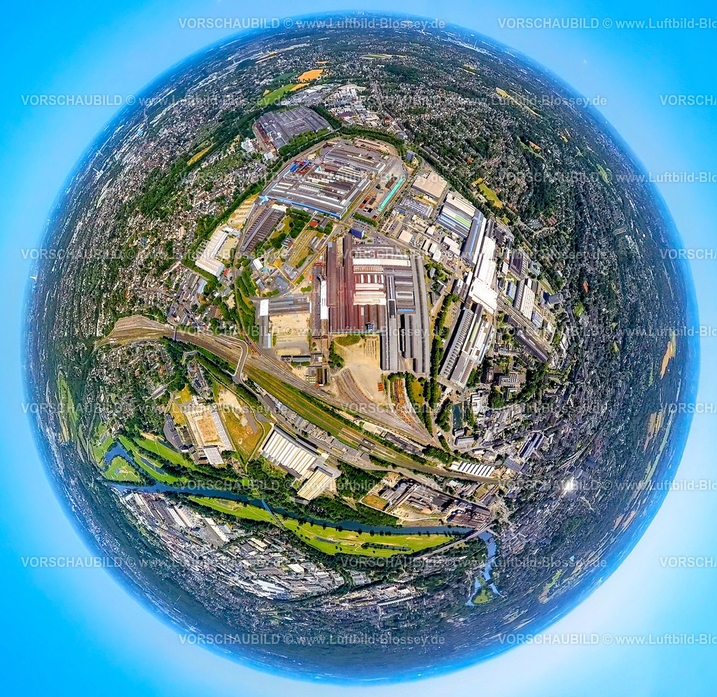 Muelheim230790098_Mannesmann | Luftbild, Mannesmann Werke, Erdkugel, Fisheye Aufnahme, Fischaugen Aufnahme, 360 Grad Aufnahme, tiny world, Altstadt II, Mülheim an der Ruhr, Ruhrgebiet, Nordrhein-Westfalen, Deutschland