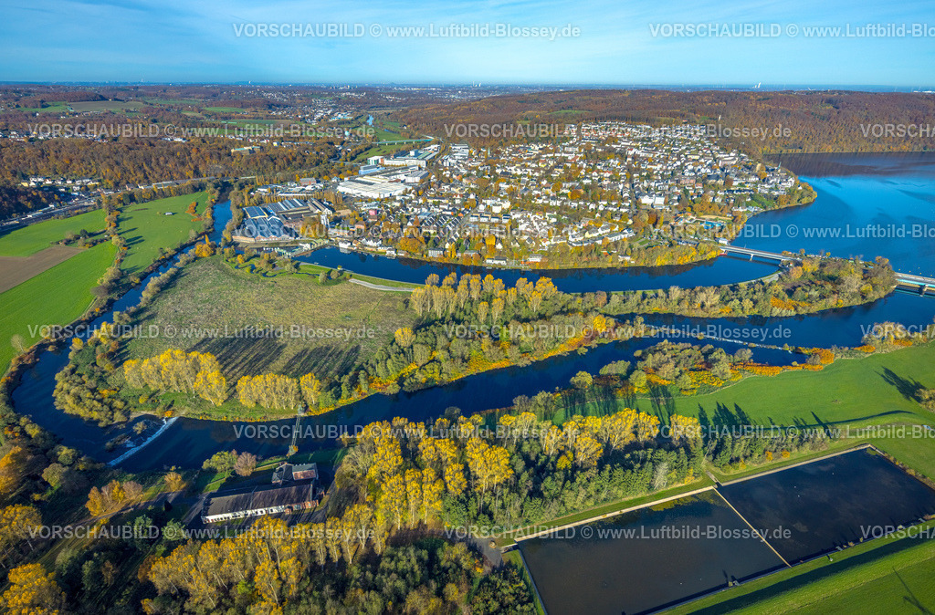 Wetter251104189 | Luftbild, Wohngebiet Ortsansicht Ortsteil Wetter, Ardeygebirge mit Herbstwald, Obergraben und Wasserwerk Volmarstein, herbstliche Bäume, Wetter, Ruhrgebiet, Nordrhein-Westfalen, Deutschland
