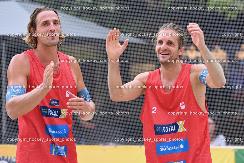 Kärntner Landesmeisterschaft Beach Volleyball | #2 HUBER Alexander Philipp, #1 FRIEDL Felix, Kärntner Landesmeisterschaft Beach Volleyball, Kärntner Landesmeisterschaft Beach Volleyball am 18.08.2024 in Villach (Rathausplatz Villach), Austria, (Photo by Bernd Stefan)