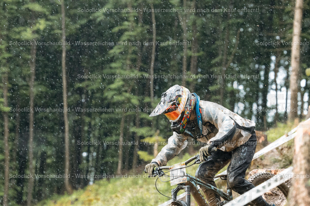 Mountainbike-Abenteuer im Regen | Ein Mountainbiker in voller Ausrüstung rast einen steilen, staubigen Trail hinunter. Er trägt einen Helm, eine Brille und Schutzkleidung. Der Trail ist mit Holzstufen versehen, die ihm eine Art Treppenstruktur verleihen. Der Hintergrund besteht aus dichtem Grünwald, das die Szene umgibt. Es regnet leicht. - Realisiert mit Pictrs.com