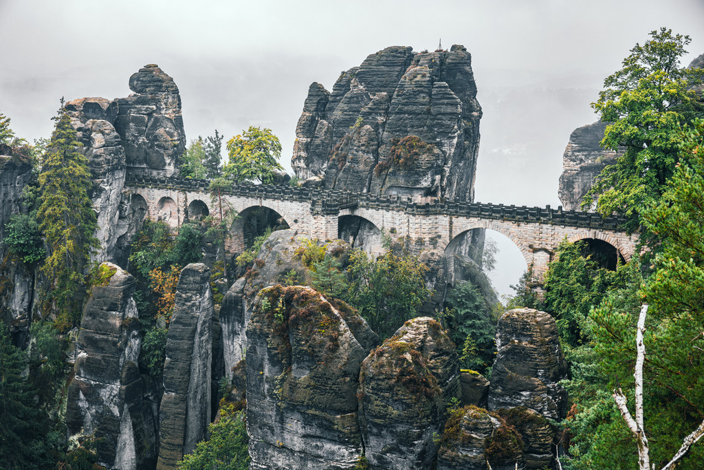 Basteibrücke | Eine Aufnahme der Basteibrücke am frühen Morgen bei Regen und Nebel.