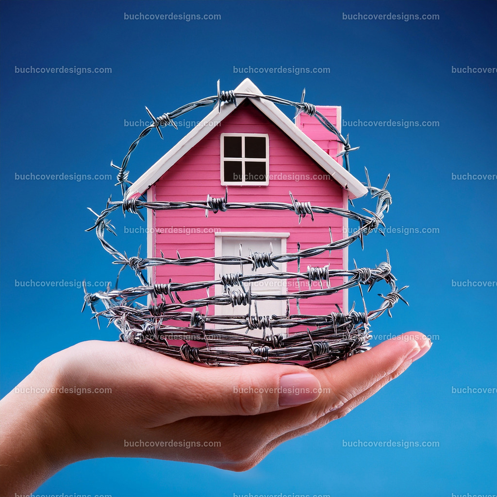 Pink Hause mit Stacheldraht gehalten in hand | Entdecken Sie kreative Buch Cover Designs für Self-Publishing-Autoren und Verlage! Unsere maßgeschneiderten Designs ziehen Leser an und bringen Ihre Geschichten visuell zum Leben. Lassen Sie uns Ihr perfektes Cover gestalten!