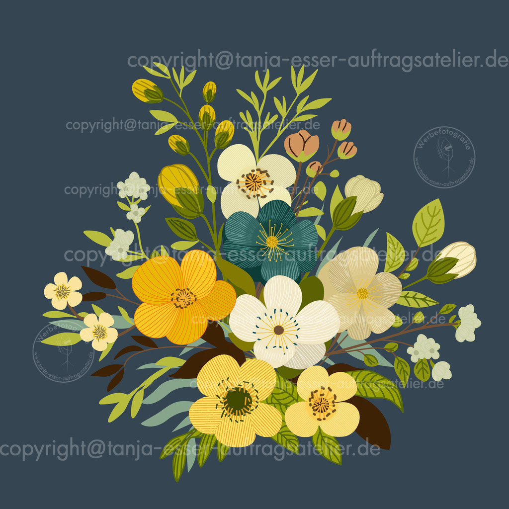 105 a Blumenstrauss vor dunkelblau | Zarte florale Frühlingsblumen in einem Strauß. Knospende Zweige und filigrane Blütenblätter in neuem Farbkonzept. 