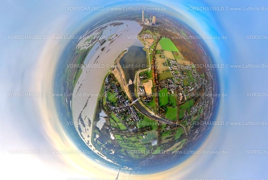 Dinslaken231190299EmschermuendungRhein | Luftbild, Hochwasser am Naturschutzgebiet Hasenfeld und Rheinvorland, gegenüber der neuen Emschermündung in den Rhein., umgeben von herbstlichen Laubbäumen, Erdkugel, Fisheye Aufnahme, Fischaugen Aufnahme, 360 Grad Aufnahme, tiny world, little planet, fisheye Bild, Möllen, Voerde, Ruhrgebiet, Nordrhein-Westfalen, Deutschland