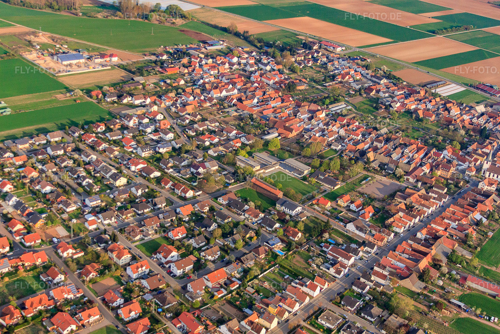 Luftbild: Grundschule Ottersheim mit Schul- und Kulturhalle in Ottersheim bei Landau im Bundesland Rheinland-Pfalz in Deutschland. Foto: IMG_49906.jpg vom 13.04.2012 durch Werner Riehm/FLY-FOTO.de, Grundschule Ottersheim