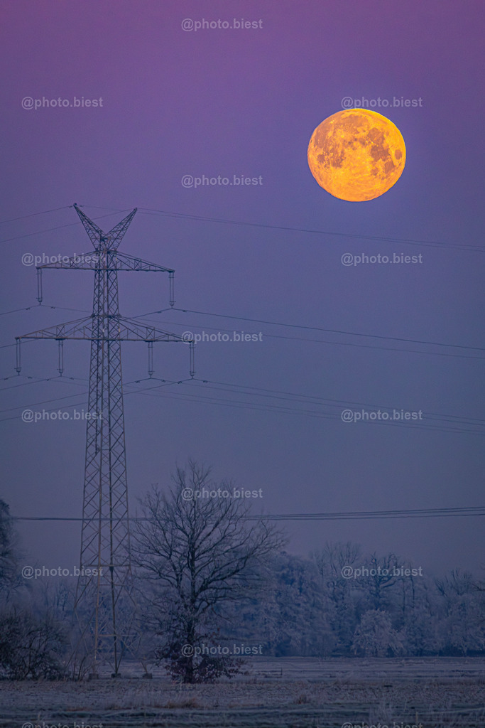 Eismond | Der nahezu volle Mond am Morgen. Die Landschaft war in Nebel und Eis gehüllt. Die Sonne kurz vorm Aufgang brachte den Himmel zum Leuchten. - Realisiert mit Pictrs.com