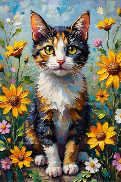 Lucky Cat  | Lucky Cat, Oilpainting Style, sitting in a flower bed - Realisiert mit Pictrs.com
