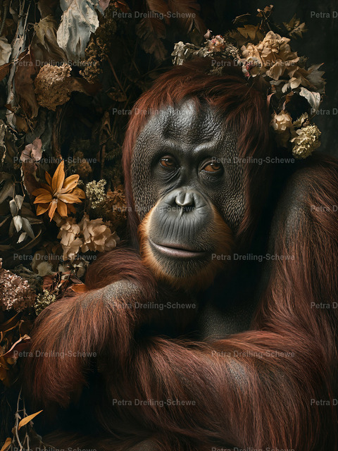 Orang Utan | A museum-like portrait of a orangutan surrounded by flowers. The heavyweight, ring-spun cotton feels substantial and broken-in thanks to the post-construction dye, so the image sits on fabric that’s soft, lived-in, and a little vintage. Wear it layered with a denim jacket for city wandering or alone as a statement piece that speaks to anyone who loves oddities, art-house humor, and thoughtful, low-key style. - Realisiert mit Pictrs.com