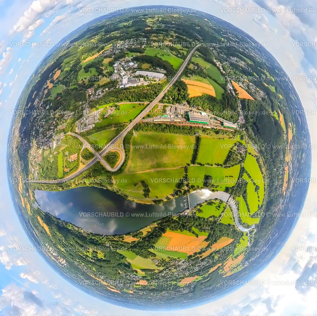 Witten230790046_WittenerStrasse | Luftbild, Autobahn A43 Anschlussstelle Witten-Herbede, Wittener Straße, Bötzel Rohstoffe GmbH, Erdkugel, Fisheye Aufnahme, Fischaugen Aufnahme, 360 Grad Aufnahme, tiny world, Westherbede, Witten, Ruhrgebiet, Nordrhein-Westfalen, Deutschland