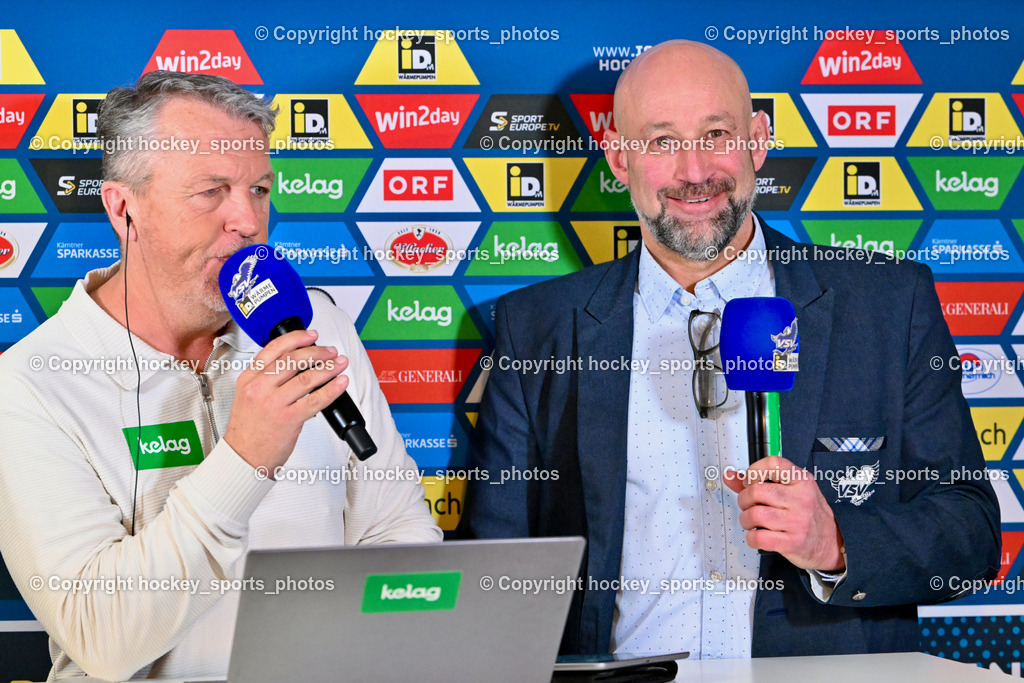 EC IDM WÄRMEPUMPEN VSV vs. MOSER MEDICAL GRAZ99ERS | EC VSV Hallensprecher Gerhard Oberrauner, Herbert Hohenberger Sportdirektor EC VSV, EC IDM WÄRMEPUMPEN VSV vs. MOSER MEDICAL GRAZ99ERS, EC IDM WÄRMEPUMPEN VSV vs. MOSER MEDICAL GRAZ99ERS am 12.03.2026 in Villach (Stadthalle Villach), Austria, (Photo by Bernd Stefan)