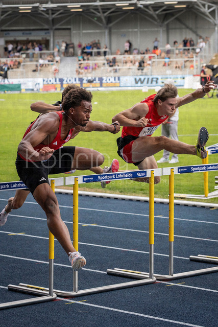Deutsche Leichtathletik-Meisterschaften; Bochum-Wattenscheid, 25.07.2026 | 110m Hürden Vorlauf mit Fred Isaac Fleurisson (Eintracht Frankfurt e.V.) und Moritz Heene (1.FC Kaiserslautern e.V.); Deutsche Leichtathletik-Meisterschaften am 25.07.2026 im Lorheide-Stadion, Bochum-Wattenscheid (Nordrhein-Westfalen).