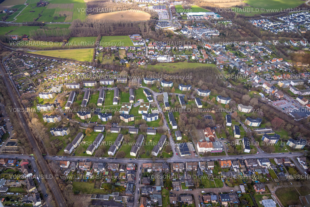 Hamm230215103 | Luftbild, Wohnsiedlung Schlagenkamp und Schottschleife, Ludgerischule, Mix Markt, Stadtbezirk Heessen, Hamm, Ruhrgebiet, Nordrhein-Westfalen, Deutschland