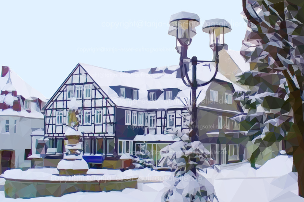 Polygone bilden das Bild vom winterlichen Briloner Marktplatz mit Fachwerkhaus | Briloner Marktplatz mit Brunnen und Fachwerkhaus in tiefem Schnee. Winter 2010. Illustration im Low Poly Stil. 