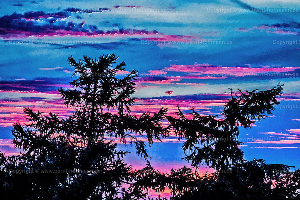 PDM2_HFAbend-Westblick_120x80 | DIGITALKUNST. Himmlische Aussichten - Abendimpression. __ Dämmerungsfarben in Wolken hinter zwei Lärchen. - Realisiert mit Pictrs.com