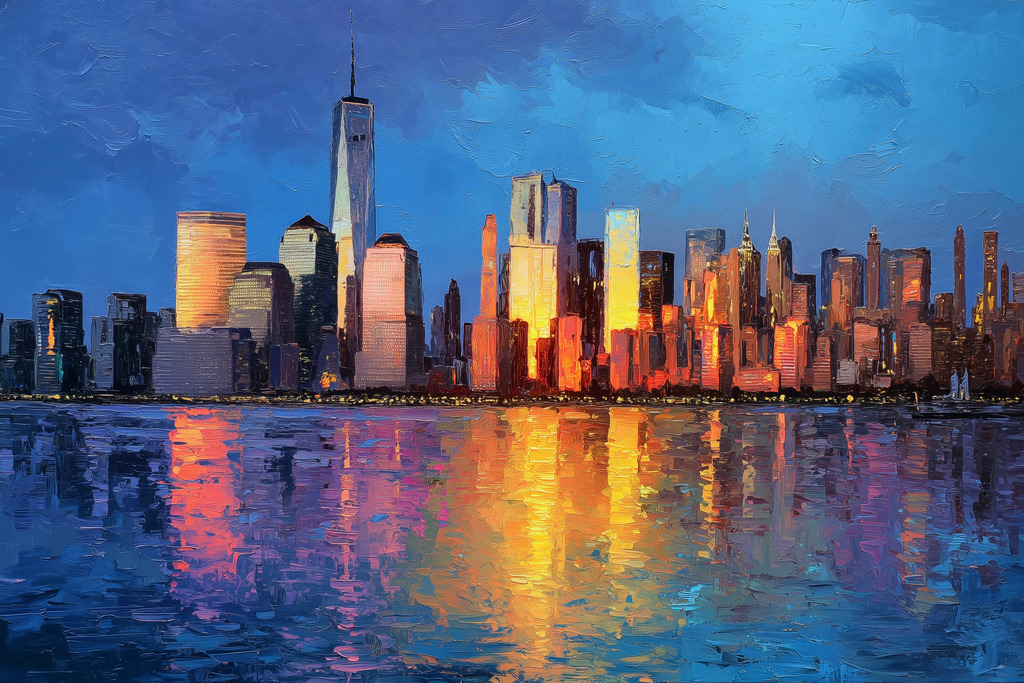 2508007 - New York im goldenen Abendlicht | New York Skyline im Licht der untergehenden Sonne im Stil eines Gemäldes.