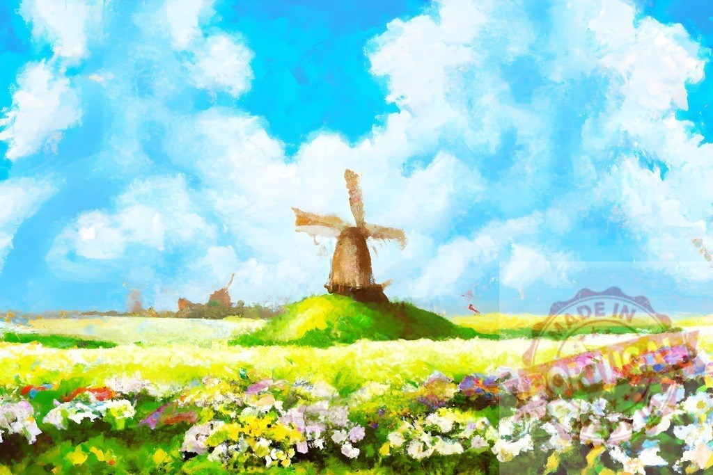Windmill in a vibrant Dutch spring landscape painting | Impressionistic painting showing a classic windmill, colorful flowers, and a bright blue sky - Realized with Pictrs.com