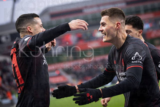 Bayer 04 Leverkusen vs. FC St. Pauli, 14.02.2026 | LEVERKUSEN, GERMANY - FEBRUARY 14:  Patrik Schick (Bayer 04 Leverkusen, 14) celebrates scoring his team's second goal with teammates during the Bundesliga match (gameday 22)  between Bayer 04 Leverkusen vs. FC St. Pauli at BayArena on February 14, 2026 in Leverkusen, Germany. (Photo by Axel Kohring/Beautiful Sports Int.)DFL REGULATIONS PROHIBIT ANY USE OF PHOTOGRAPHS AS IMAGE SEQUENCES AND/OR QUASI-VIDEO.