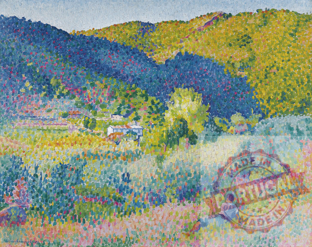 Henri-Edmond Cross pointillism landscape with person relaxing. Henri Edmund Cross | Person relaxing on a hill overlooking a valley, created using pointillism technique - Realisiert mit Pictrs.com