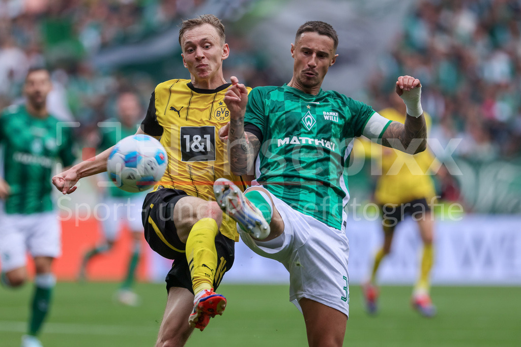 Fussball, Bundesliga, SV Werder Bremen - Borussia Dortmund | v.li.: Maximilian Beier (Borussia Dortmund, BVB, 14) und Marco Friedl (SV Werder Bremen, 32) im Zweikampf, Duell, Dynamik, Aktion, Action, Spielszene, DIE DFL-RICHTLINIEN UNTERSAGEN JEGLICHE NUTZUNG VON FOTOS ALS SEQUENZBILDER UND/ODER VIDEOÄHNLICHE FOTOSTRECKEN. DFL REGULATIONS PROHIBIT ANY USE OF PHOTOGRAPHS AS IMAGE SEQUENCES AND/OR QUASI-VIDEO.