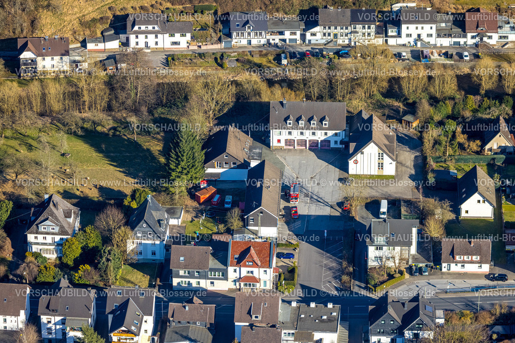Lennestadt250309188Meggen | Luftbild, Feuerwehr Löschgruppe Meggen, Meggen, Lennestadt, Sauerland, Nordrhein-Westfalen, Deutschland