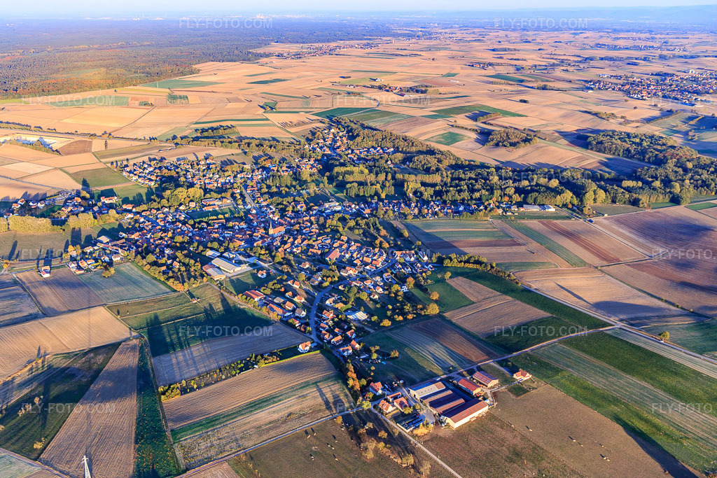Aerial view: View of the town from the southwest in Riedseltz in the state Bas-Rhin, France. – Photo: IMG_112147.jpg taken on 10/13/2018 by Werner Riehm/FLY-FOTO.com – Resolution of the original: 4979 x 3319 px