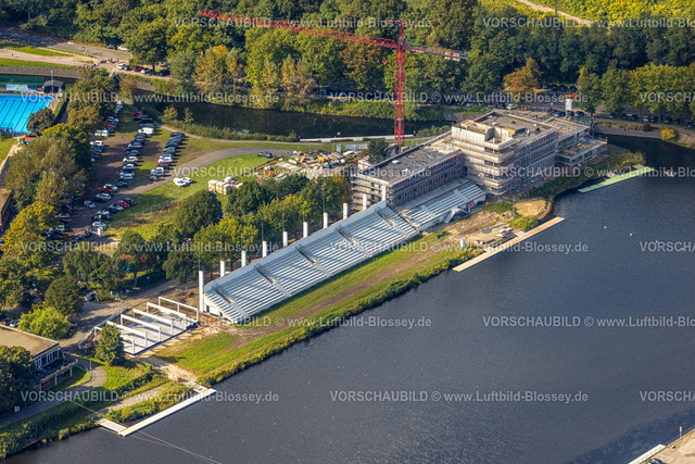 Duisburg241003234 | Luftbild, Baustelle mit Modernisierung Regattahaus und Tribüne an der Regattabahn, Neudorf, Duisburg, Ruhrgebiet, Nordrhein-Westfalen, Deutschland