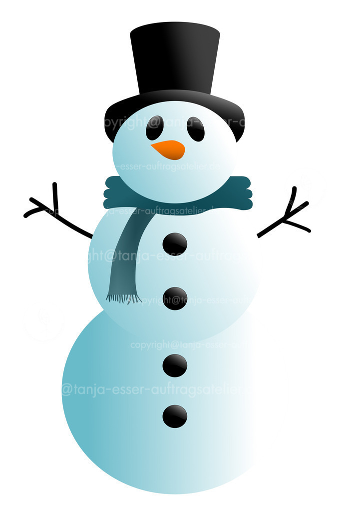 schneemann D | Design eines Schneemann mit Zylinder. Blick nach vorne. 3 D Effekt durch Lichter und Schatten. Türkiser Schal mit Fransen. Weißer Hintergrund.